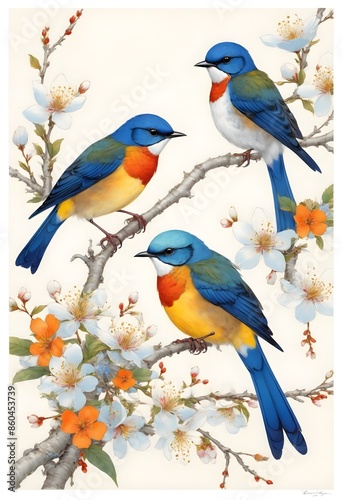 Three Colorful Birds Perched on a Blossoming Branch Enjoying a Spring Morning, A Vibrant Wildlife Scene Depicting Birds and Flowers in Harmony