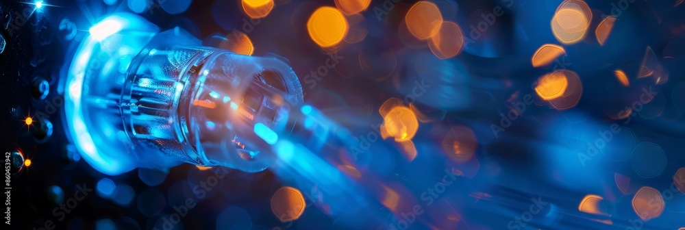 A close-up of a glowing blue network plug, highlighting its vibrant color and intricate details against a blurred backdrop of warm, golden lights A close-up of a glowing blue network plug, highlighting its vibrant color and intricate details against a blurred backdrop of warm, golden lights