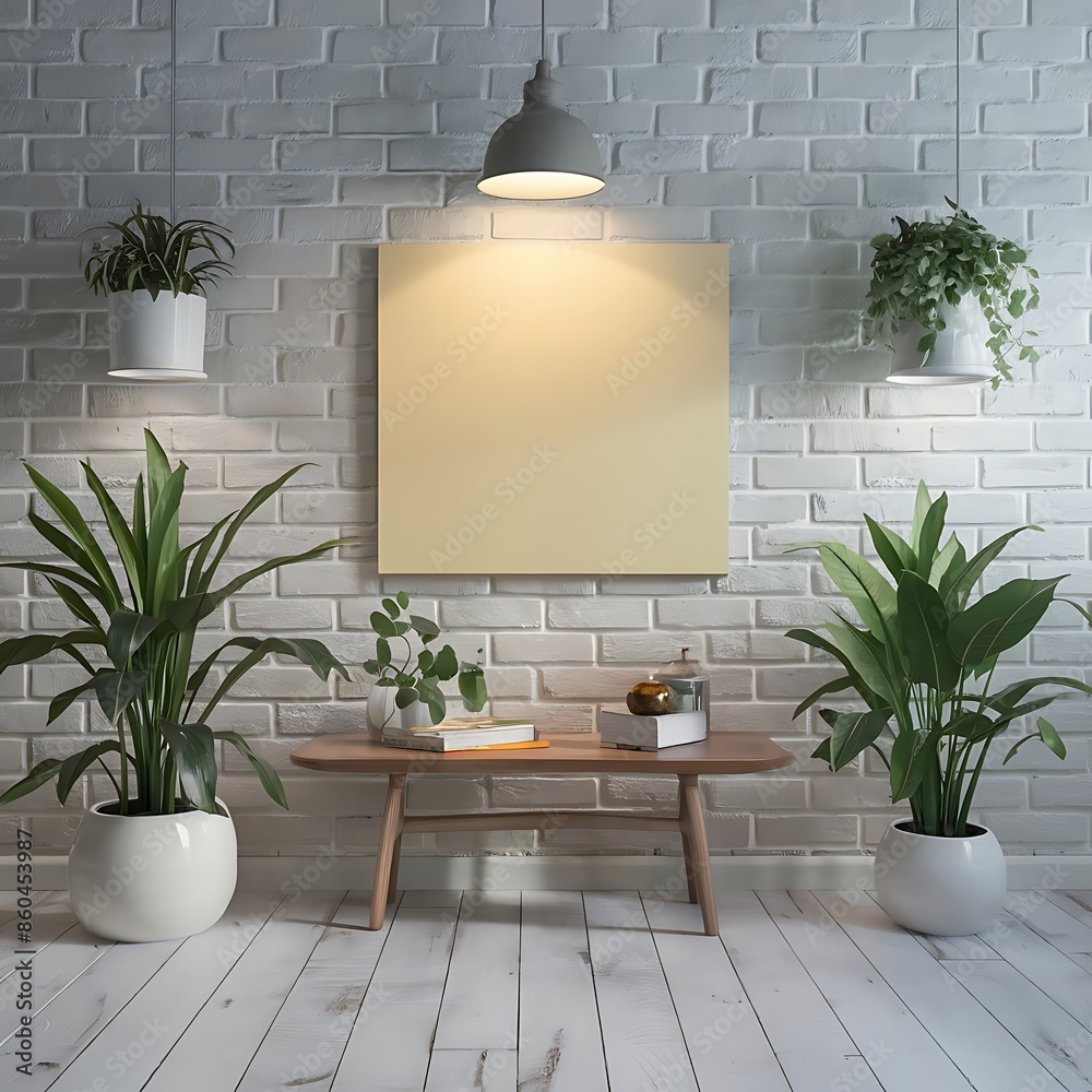 Black frame poster with cactus and ivy plant in pot on table. Beautiful ...