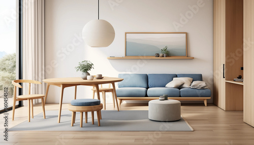 Round wood table with chairs and blue sofa in bright minimal home interior with large windows