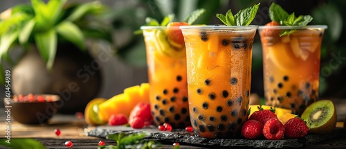 Bubble tea with a tropical fruit garnish, exotic flavor photo