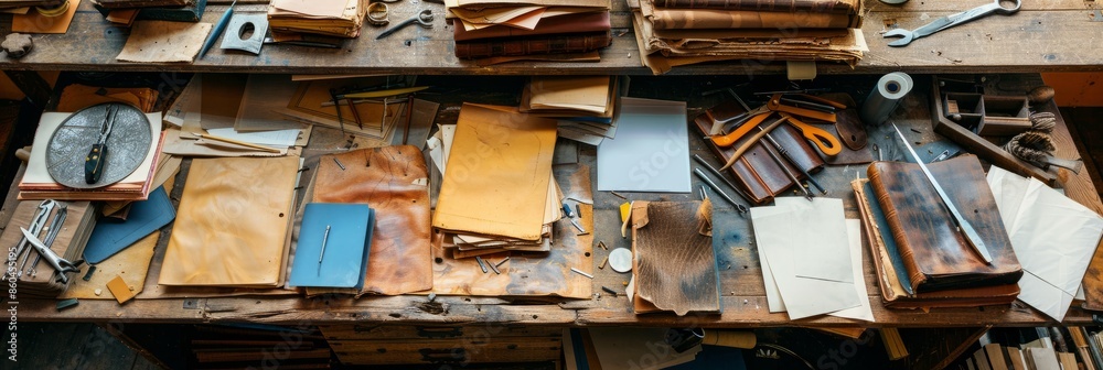 A high-angle view of a bookbinders workbench cluttered with various tools, leather scraps, and stacks of paper. The scene conveys a sense of activity and craftsmanship A high-angle view of a bookbinders workbench cluttered with various tools, leather scraps, and stacks of paper. The scene conveys a sense of activity and craftsmanship