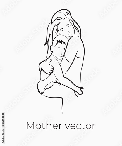 Handdrawn line art style mom and baby illustration art.