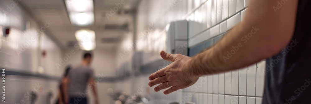 Naklejka premium A low-angle shot of a man drying his hands under an electric hand dryer in a busy public restroom