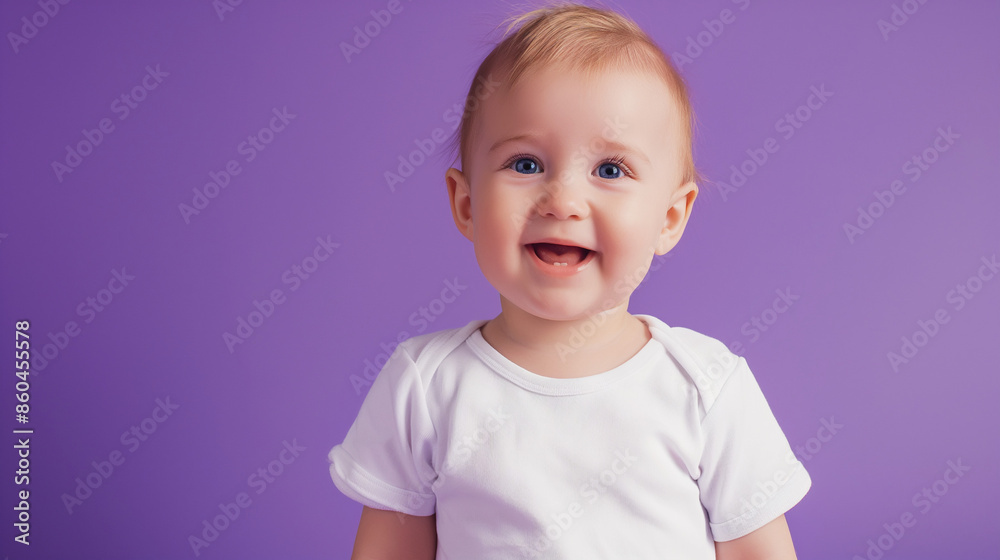 Smiling baby in white shirt with purple background. Copy space. Generative AI Smiling baby in white shirt with purple background. Copy space. Generative AI