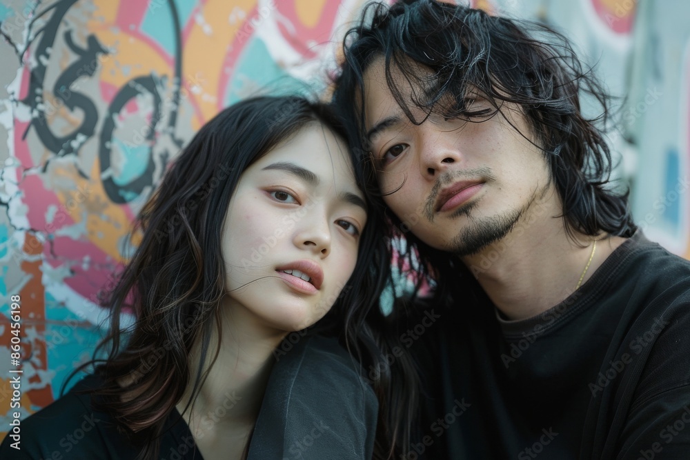 カラフルな壁の前でポーズをとる若いカップルの写真(ポートレート・恋人・ポートレート・インスタ映え) カラフルな壁の前でポーズをとる若いカップルの写真(ポートレート・恋人・ポートレート・インスタ映え)