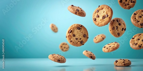 Chocolate chip cookies floating in mid-air on light blue background, chocolate chip, cookies, flying, dessert, baked goods photo