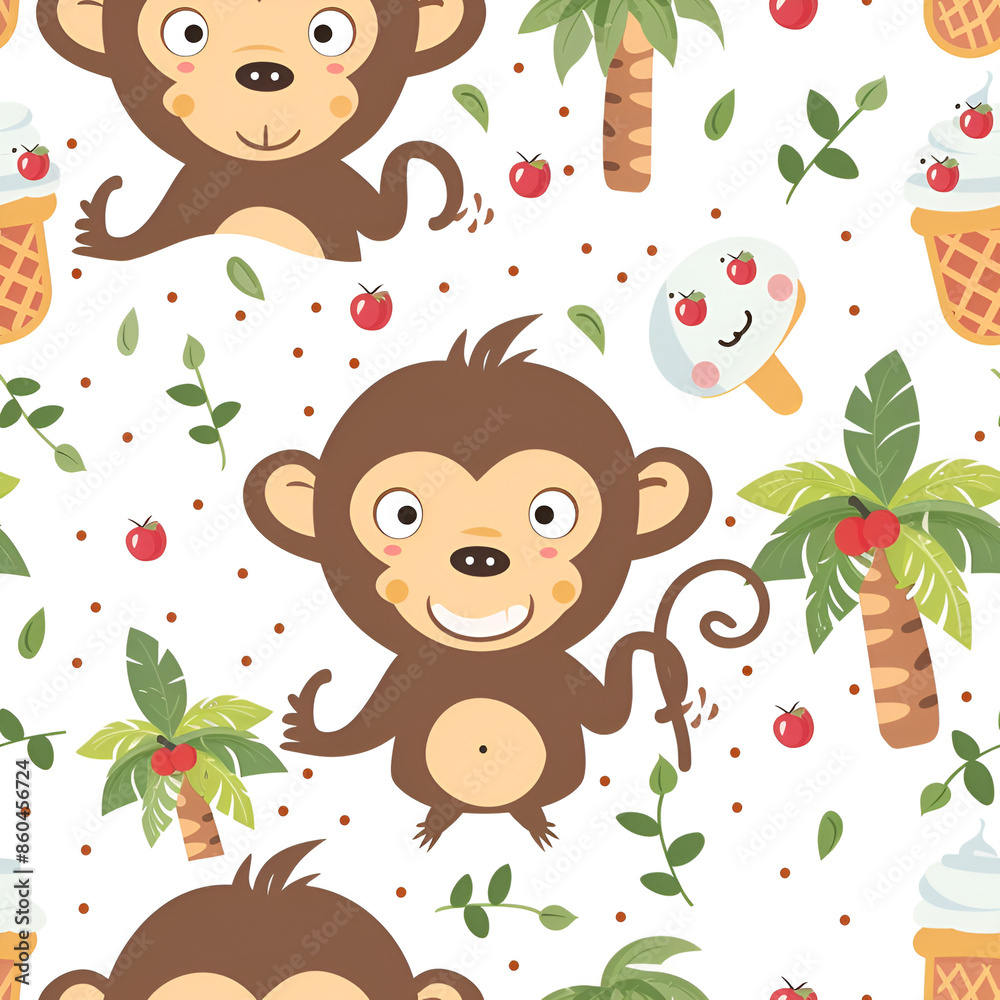 Naklejka premium Cute Seamless Pattern with Monkey and Ice Cream