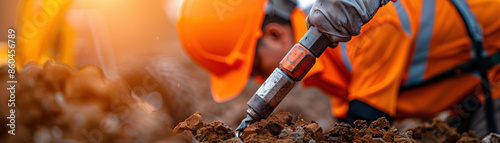 A man in an orange shirt is digging in the dirt with a pick