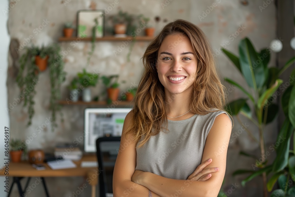 A confident businesswoman smiling in a cozy, plant-filled office space, exuding professionalism and positivity.