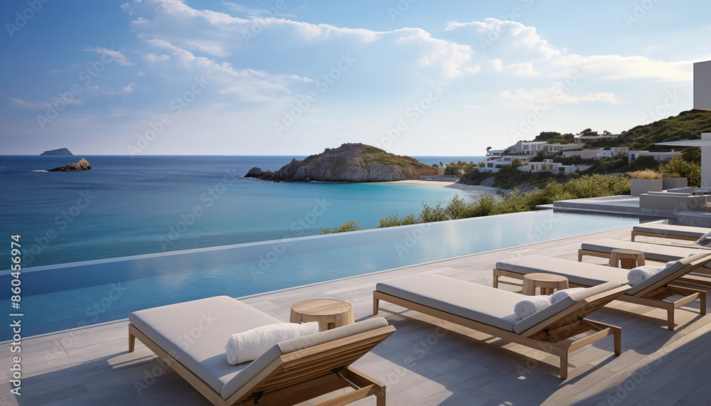 Fototapeta premium Modern villa with swimming pool and sun loungers overlooking the sea