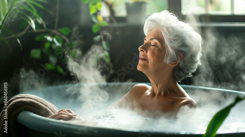 Senior woman enjoying a relaxing hot bath in a serene, lush green bathroom