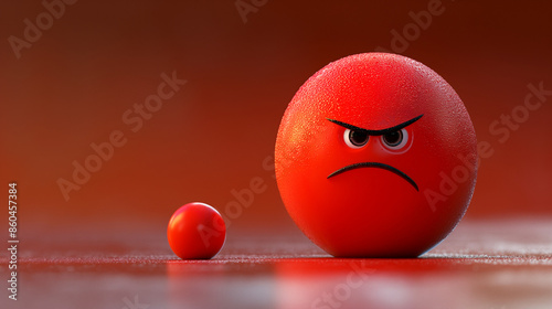Angry red ball glaring at small ball with intense expression	