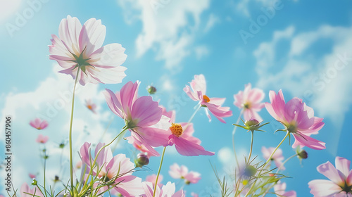 Pink cosmos flowers with blue sky : Generative AI