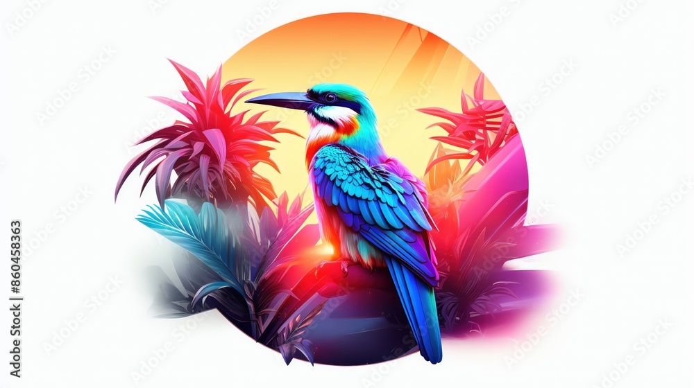 Fototapeta premium Capture a mesmerizing scene of a sleek, futuristic technology blending seamlessly with the vibrant colors of a tropical bird, illuminated by a soft, ethereal glow