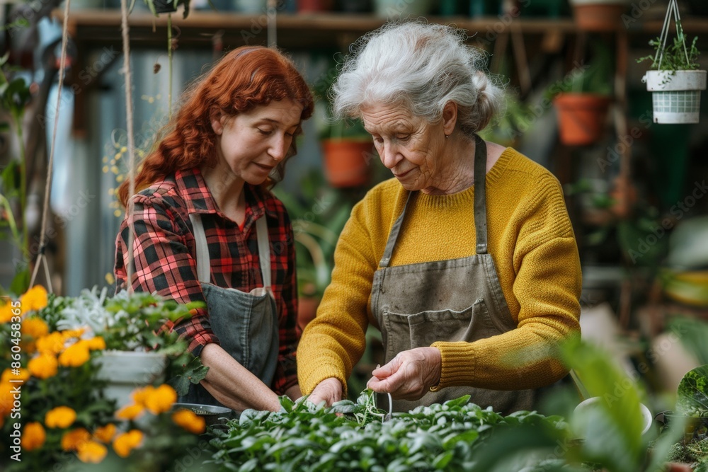 custom made wallpaper toronto digitalAn elderly woman and a younger woman attentively planting in a greenhouse, surrounded by various plants and gardening tools.