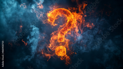Fiery question mark burning in smoky darkness	