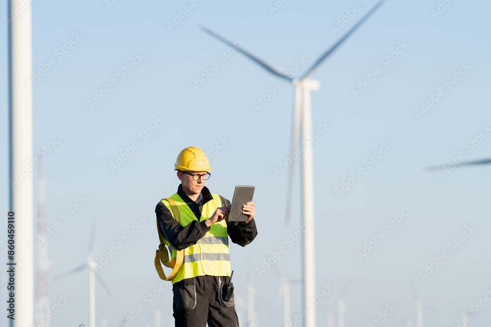 Engineer with digital tablet works on a field of wind turbines Engineer with digital tablet works on a field of wind turbines
