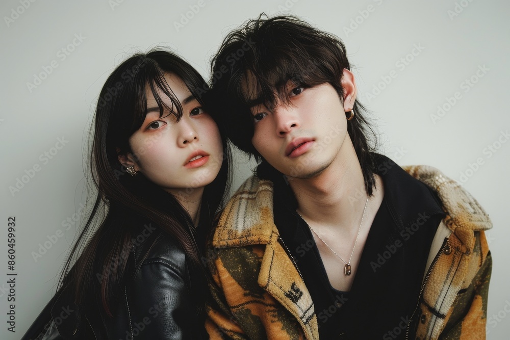 フラットな背景でポーズをとるカップルの写真(ポートレート・恋人・ポートレート・インスタ映え) フラットな背景でポーズをとるカップルの写真(ポートレート・恋人・ポートレート・インスタ映え)