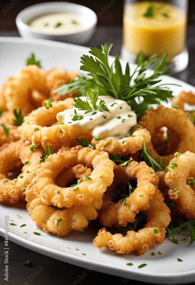 crispy golden fried calamari creamy aioli sauce white plate, appetizer, delicious, seafood, meal, dish, savory, tasty, gourmet, squid, tentacles, mediterranean crispy golden fried calamari creamy aioli sauce white plate, appetizer, delicious, seafood, meal, dish, savory, tasty, gourmet, squid, tentacles, mediterranean