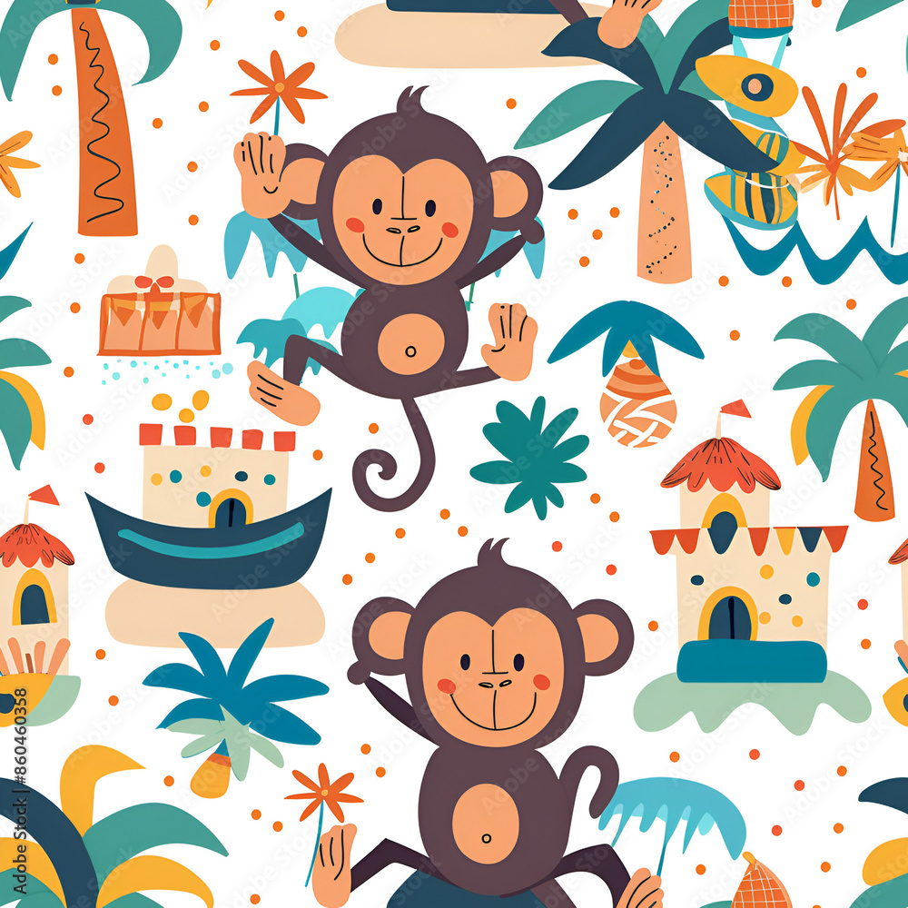 Naklejka premium Cute Seamless Pattern with Monkey and Swim Trunks
