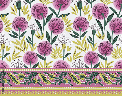 DANDELION CHRYSANTHEMUM FLORAL SEAMLESS PATTERN WITH BORDER ALL OVER PRINT VECTOR ILLUSTRATION