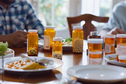 A family dining table with various medicine bottles and pills scattered around on plates and glasses. Drugs overdose