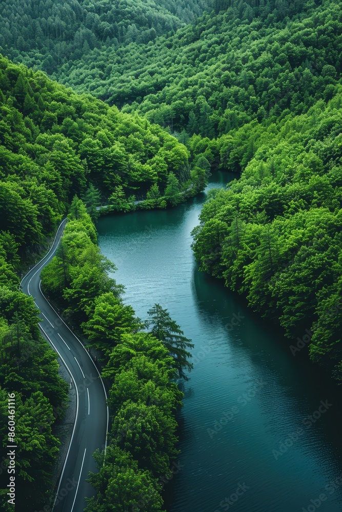 Aerial View of a Winding Road Through a Lush Forest Aerial View of a Winding Road Through a Lush Forest