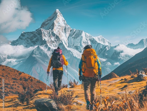 Couple Trekking at High Altitude near DughlaScenic Mountain View photo