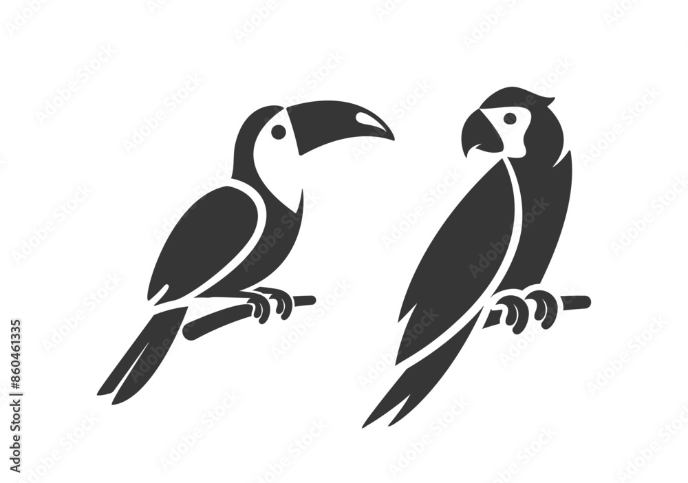 Fototapeta premium Minimalist Black And White Bird Icons Showcasing A Toucan And Parrot Perched On Branches, Vector Illustrations