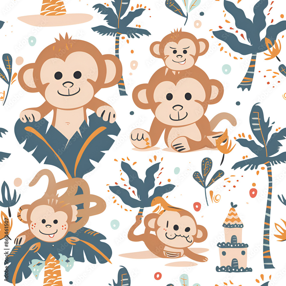 Cute Seamless Pattern with Monkey and Swim Trunks Cute Seamless Pattern with Monkey and Swim Trunks