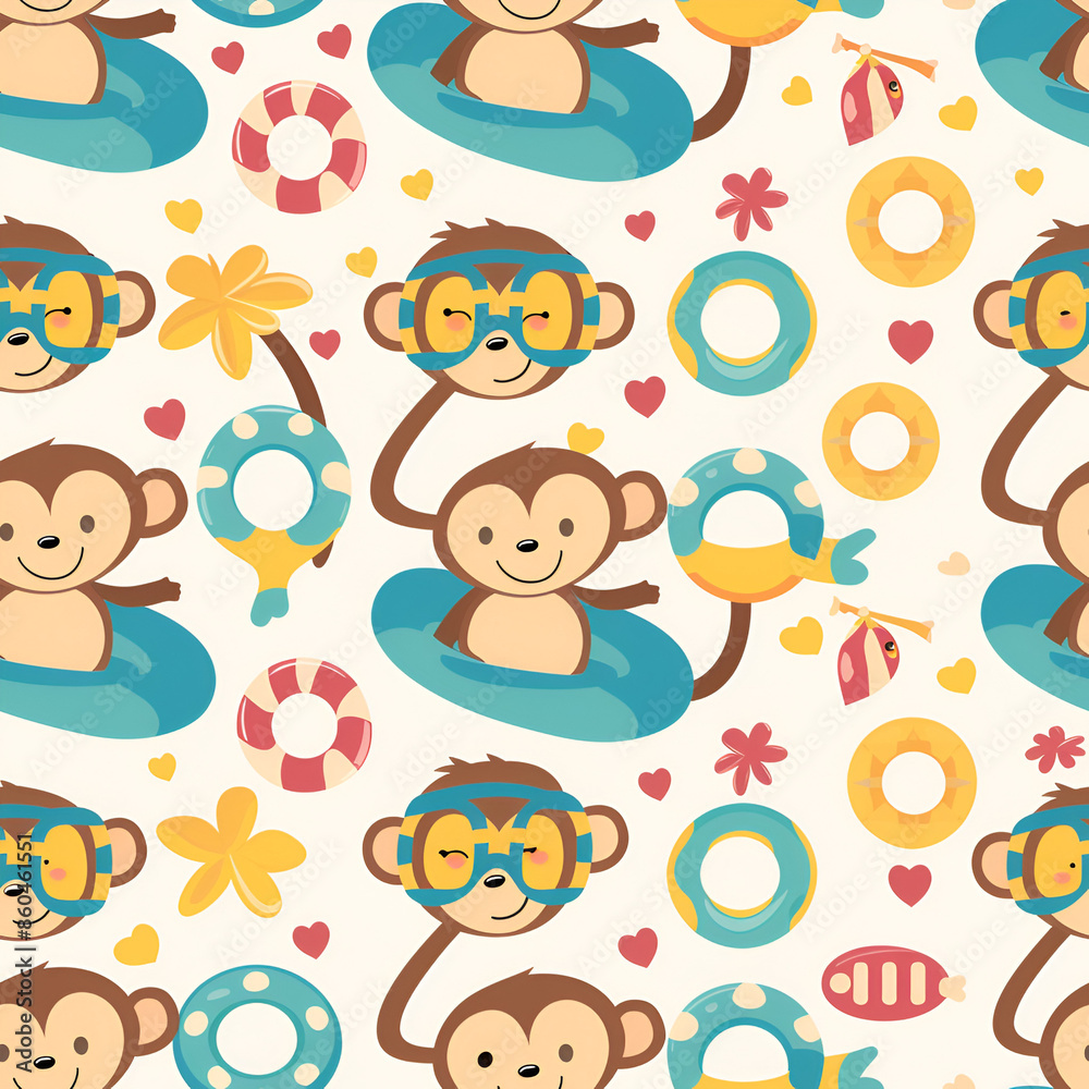 Cute Seamless Pattern with Monkey and Swimming Goggles Cute Seamless Pattern with Monkey and Swimming Goggles