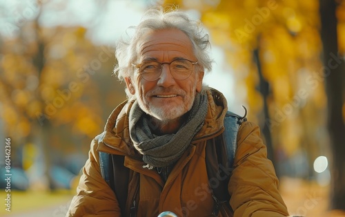 Smiling Senior Man Wearing Glasses and a Scarf in an Autumn Park ©  Creative_studio