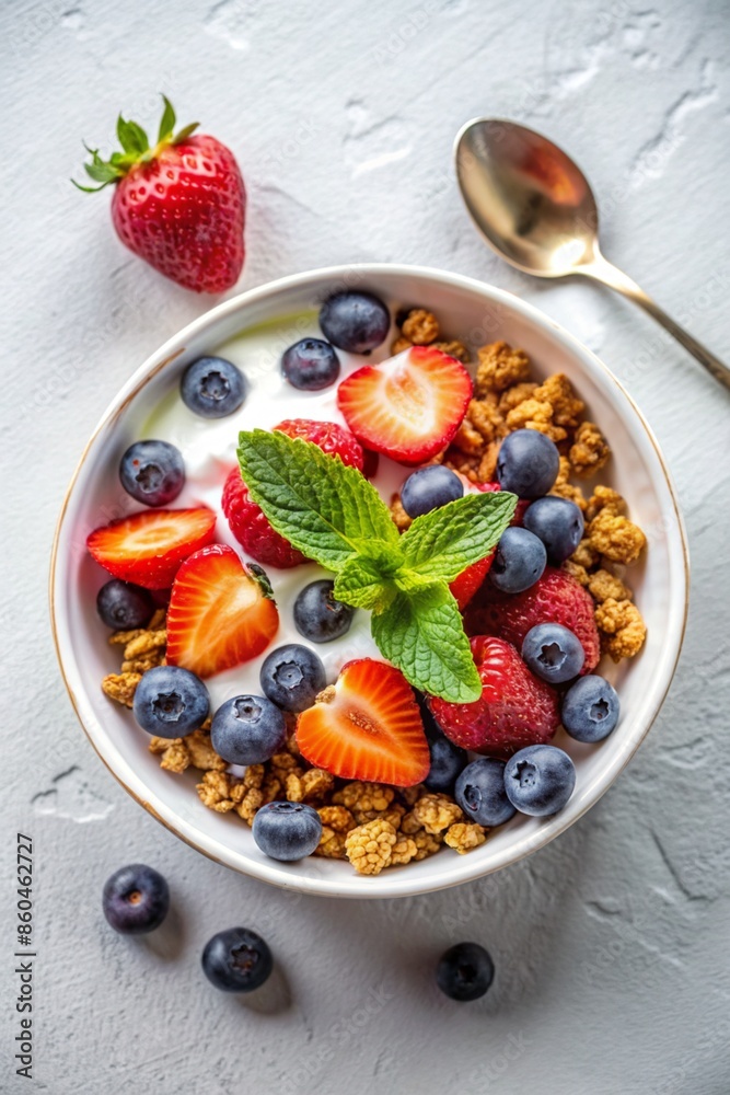 Muesli bowl with yogurt and berries on white table top. Healthy breakfast, top view.