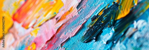A close-up photo of an abstract painting on canvas featuring vibrant colors and dynamic brushstrokes photo