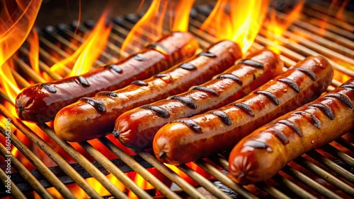 Grilled hot dogs sizzling on a barbecue grill, barbecue, summer, picnic, cooking, food, outdoor, delicious, grilling