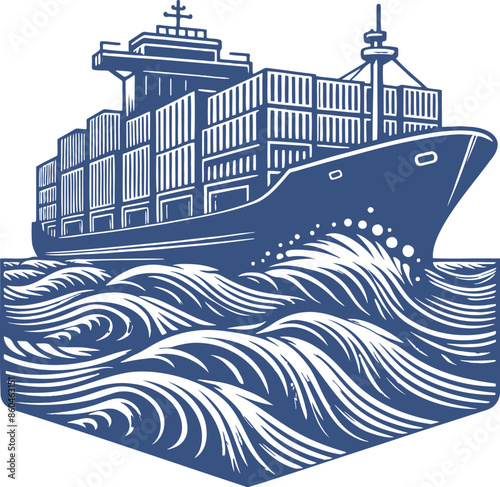 Vector engraving of a container shipping vessel