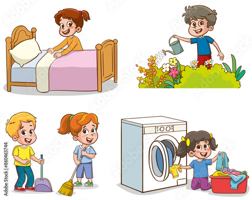 Cartoon children doing housework. Boys and girl helping parents with laundry, washing and vacuuming floor and taking out garbage. Characters doing cleanup or household chores vector