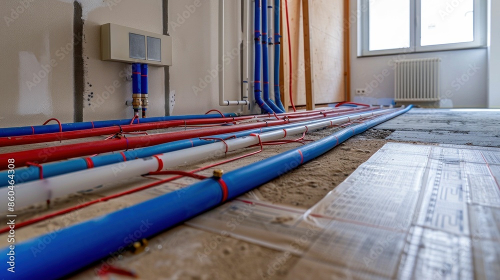 Underfloor Heating Installation in New Home Construction. Generative ai Underfloor Heating Installation in New Home Construction. Generative ai