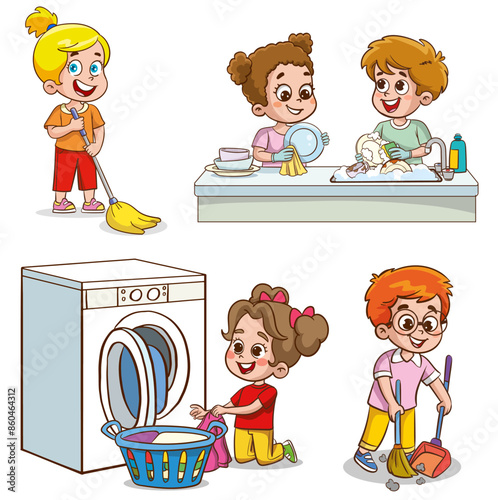 Cartoon children doing housework. Boys and girl helping parents with laundry, washing and vacuuming floor and taking out garbage. Characters doing cleanup or household chores vector