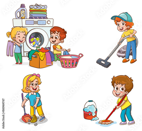 Cartoon children doing housework. Boys and girl helping parents with laundry, washing and vacuuming floor and taking out garbage. Characters doing cleanup or household chores vector