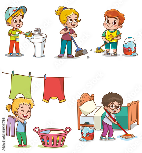 Cartoon children doing housework. Boys and girl helping parents with laundry, washing and vacuuming floor and taking out garbage. Characters doing cleanup or household chores vector