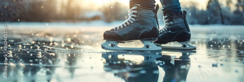 A close-up shot of ice skates gliding across a frozen pond, capturing the reflection of the skater on the ice. The setting sun casts a warm glow on the scene photo