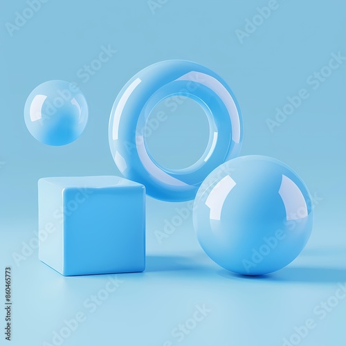 D render of three abstract shapes in the color blue floating on an isolated background