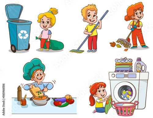 Cartoon children doing housework. Boys and girl helping parents with laundry, washing and vacuuming floor and taking out garbage. Characters doing cleanup or household chores vector