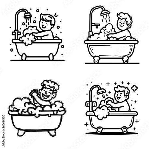 A boy bathes in a bubble bath. Set of vector icons EPS 10