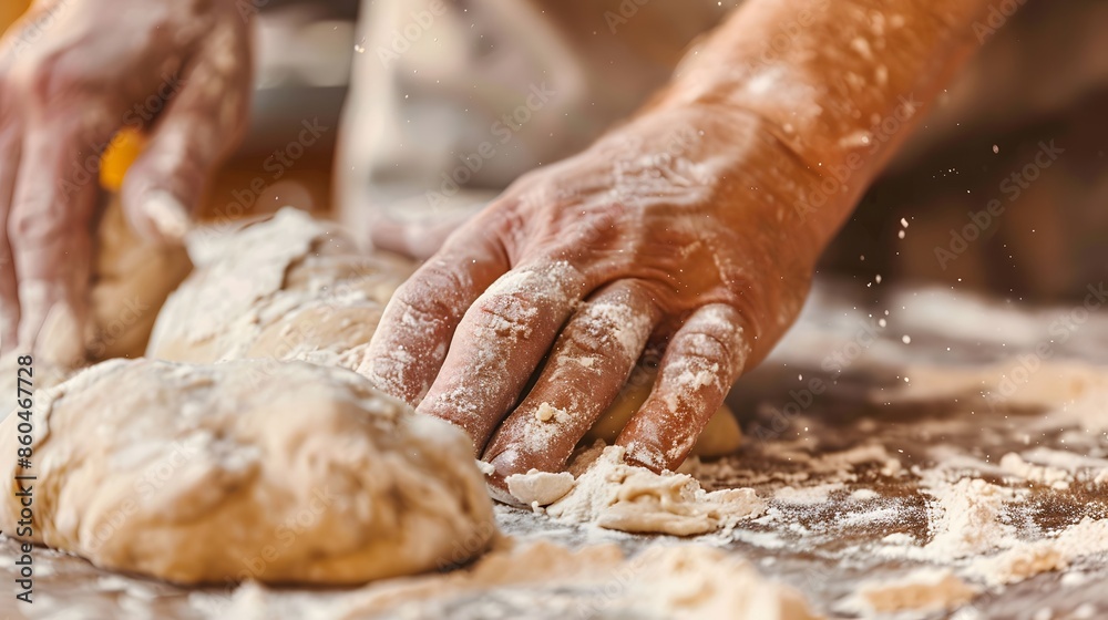 Hands Kneading Dough: Close-up of hands kneading dough on a floured surface in a warm, inviting kitchen setting. Hands Kneading Dough: Close-up of hands kneading dough on a floured surface in a warm, inviting kitchen setting.