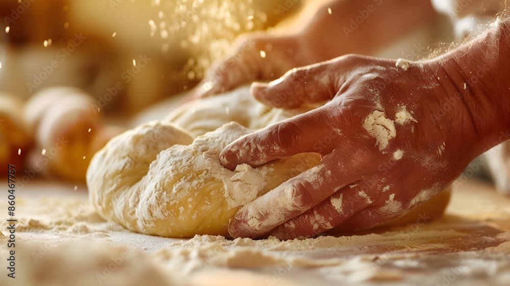 Hands Kneading Dough: Close-up of hands kneading dough on a floured surface in a warm, inviting kitchen setting. Hands Kneading Dough: Close-up of hands kneading dough on a floured surface in a warm, inviting kitchen setting.
