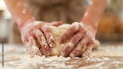 Hands Kneading Dough: Close-up of hands kneading dough on a floured surface in a warm, inviting kitchen setting.