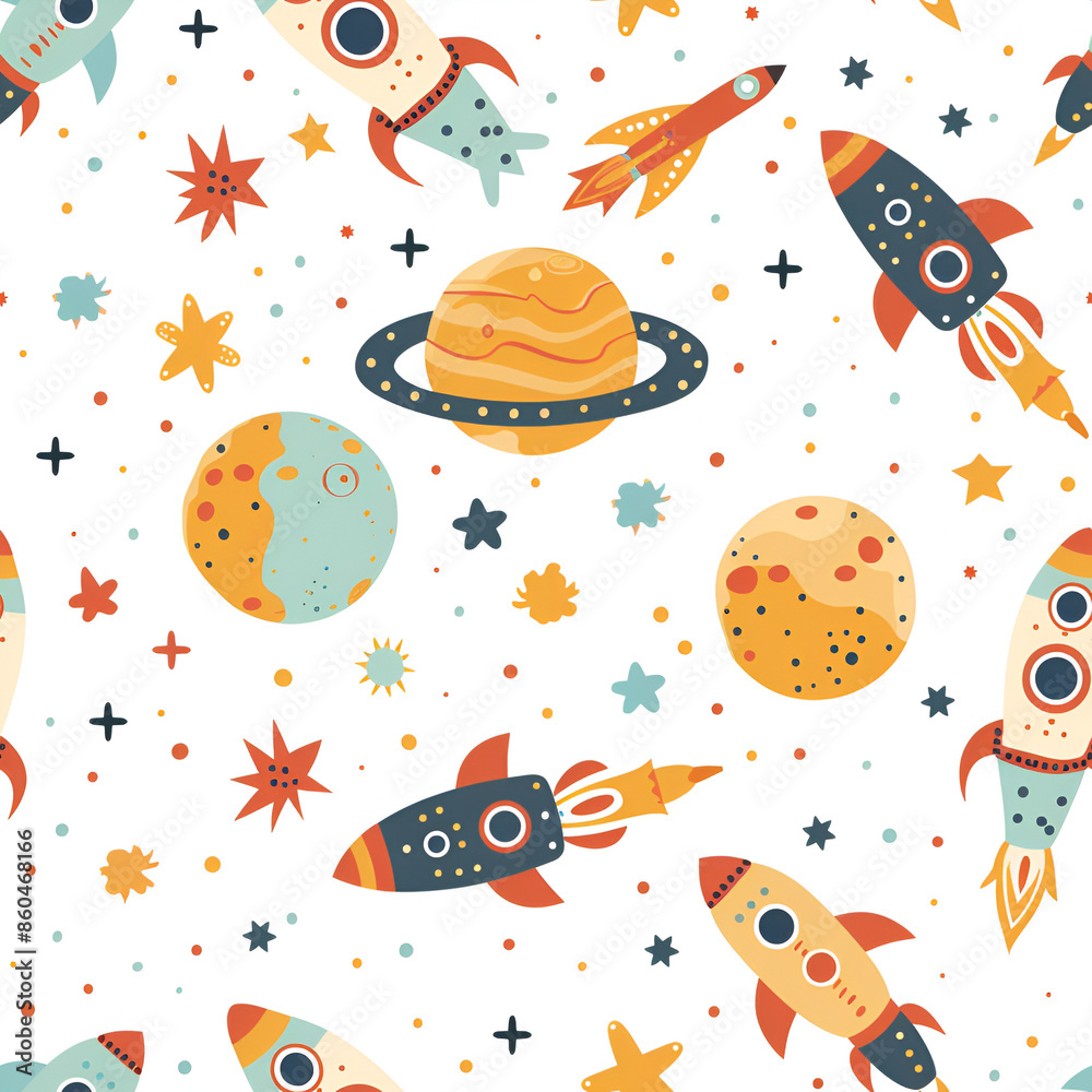 Cute Seamless Pattern with Moon and Rockets Cute Seamless Pattern with Moon and Rockets